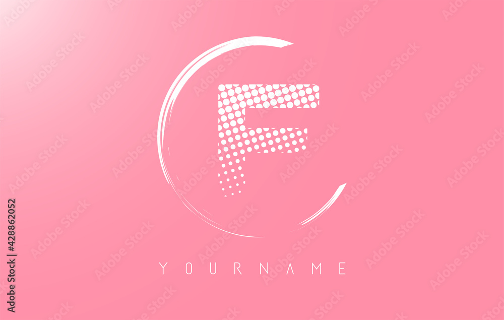 White F letter logo design with white dots and white circle frame on