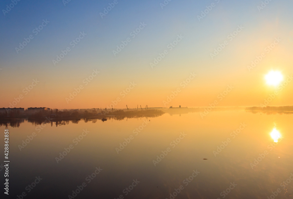 View of the Dnieper river at sunrise in Kremenchug, Ukraine