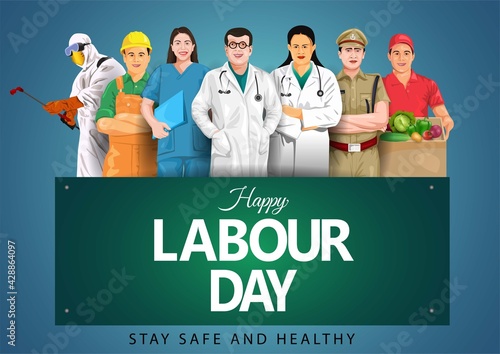 happy Labour day or international workers day vector illustration with workers. labor day and may day celebration.