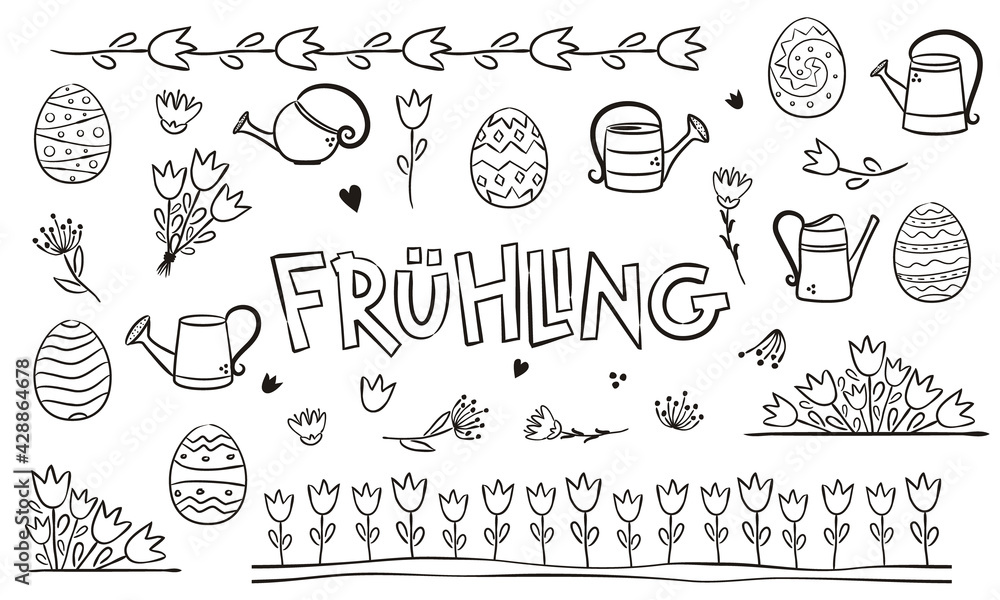 German Spring coloring. Doodle Elements for seasonal calendar. Hand-drawn doodle objects isolated on white background. Vector illustration for yearbooks and calendars for Germany.