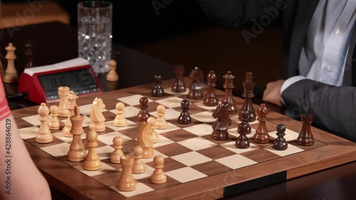 businessman castles to save king in chess game. Static close-up