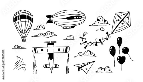 Doodle air transport. Set of cartoon travel icons with baloons, plane, clouds, hot air baloon and sky. Drawn vector art