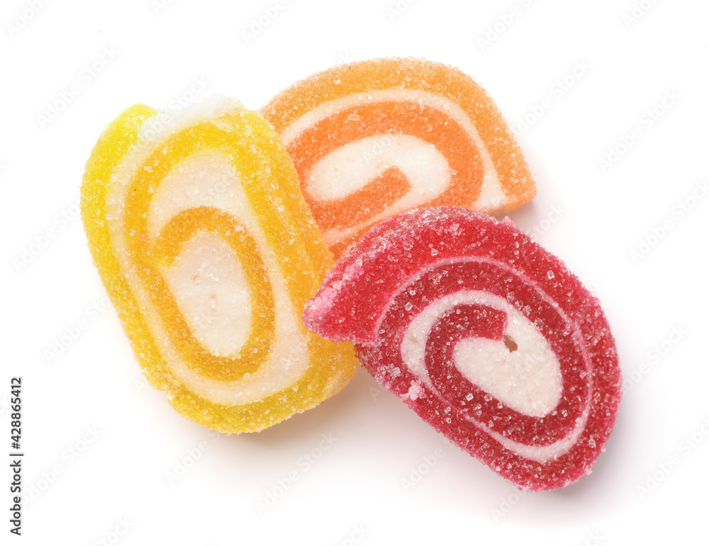 Obraz premium Top view of fruit jelly candies isolated on white