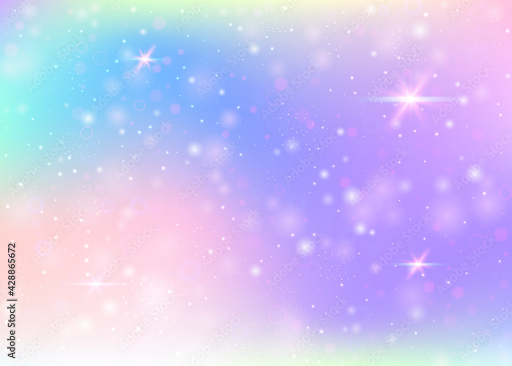 Fairy background with rainbow mesh. Cute universe banner in princess colors. Fantasy gradient backdrop with hologram. Holographic fairy background with magic sparkles, stars and blurs. Fairy background with rainbow mesh. Cute universe banner in princess colors. Fantasy gradient backdrop with hologram. Holographic fairy background with magic sparkles, stars and blurs.
