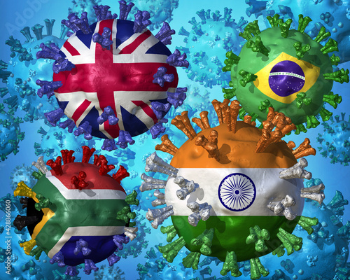 Abstract visual representation of the highly contagious SARS-CoV-2 variants from UK, Brazil, South Africa and India, which may be less affected by COVID-19 vaccines. 3D illustration photo