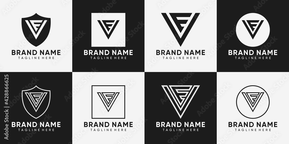 Set of monogram logo design initial letter VE with creative concept