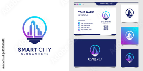Building logo with bulb concept and business card design. Inspiration, illustration smart city logo Premium Vector
