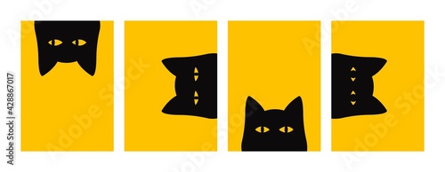 Abstract black cat poster set. Cute meow animals on yellow backgrounds. Funny kitty face with beautiful eyes in vector 