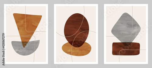 Trendy contemporary set of abstract art, creative minimalist hand painted watercolor compositions for wall decoration, postcard or brochure cover design in vintage style art.  
EPS10 vector.
