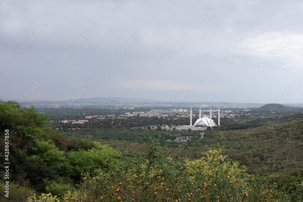 view of faisal mosque from margalla hills Islamabad City view capital of Pakistan