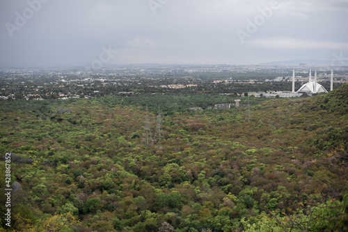 view of Faisal mosque from margalla hills Islamabad City view capital of Pakistan 