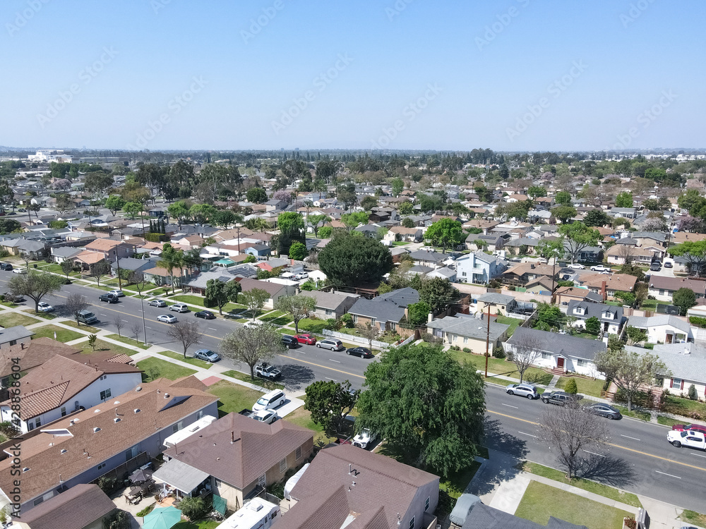 Aerial view of Lakewood middle class neighborhood, city in Los Angeles County, California, United States.