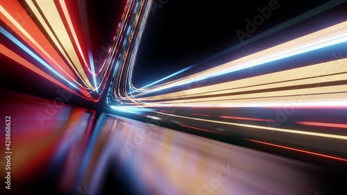 Descending colorful light beams of data reflected on dark wet surface. Abstract concept of digital information flowing stream. Seamless loopable animation in 4K. photo