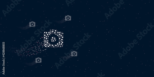 A photo camera symbol filled with dots flies through the stars leaving a trail behind. There are four small symbols around. Vector illustration on dark blue background with stars