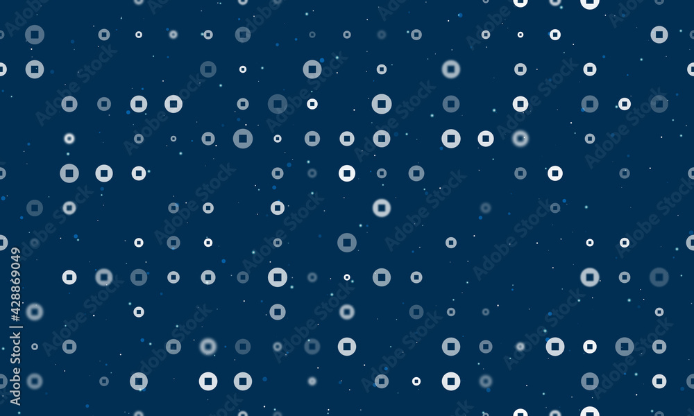 Seamless background pattern of evenly spaced white stop media symbols of different sizes and opacity. Vector illustration on dark blue background with stars
