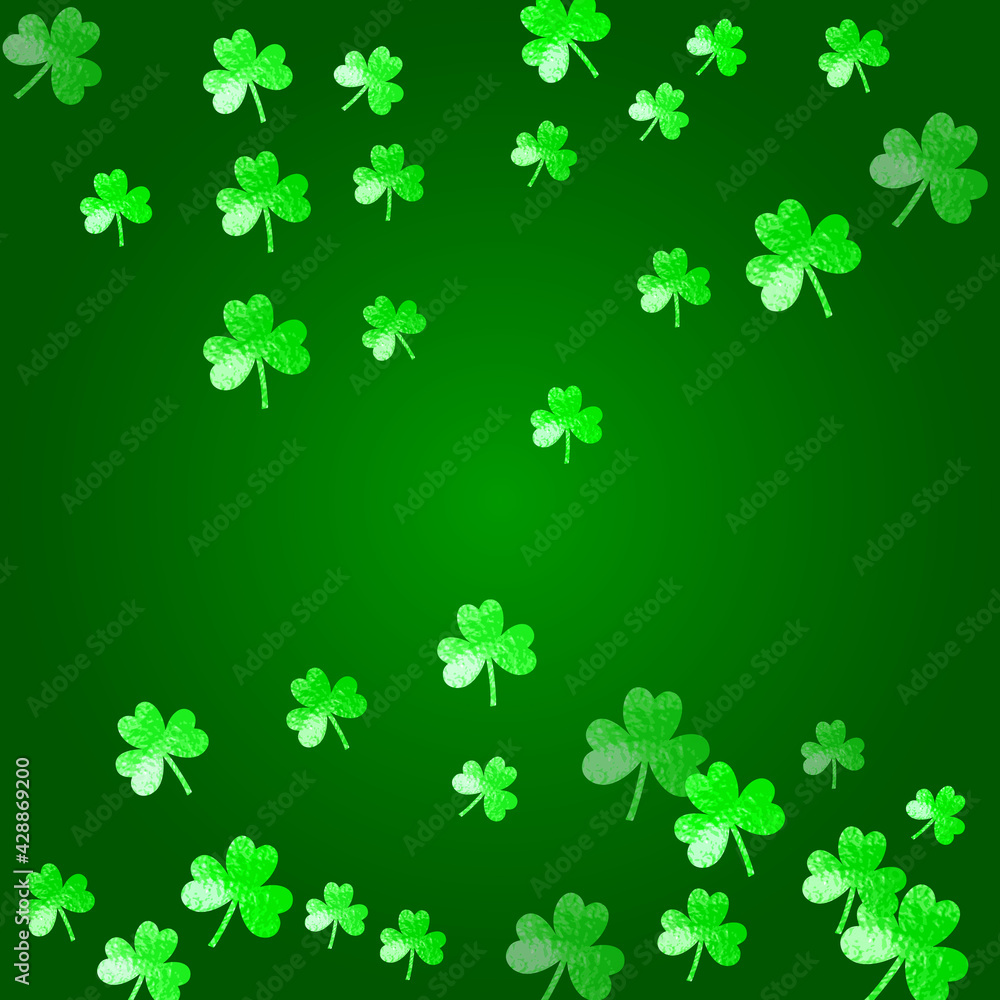 Clover background for Saint Patricks Day. Lucky trefoil confetti. Glitter frame of shamrock leaves. Template for party invite, retail offer and ad. Holiday clover background. Clover background for Saint Patricks Day. Lucky trefoil confetti. Glitter frame of shamrock leaves. Template for party invite, retail offer and ad. Holiday clover background.