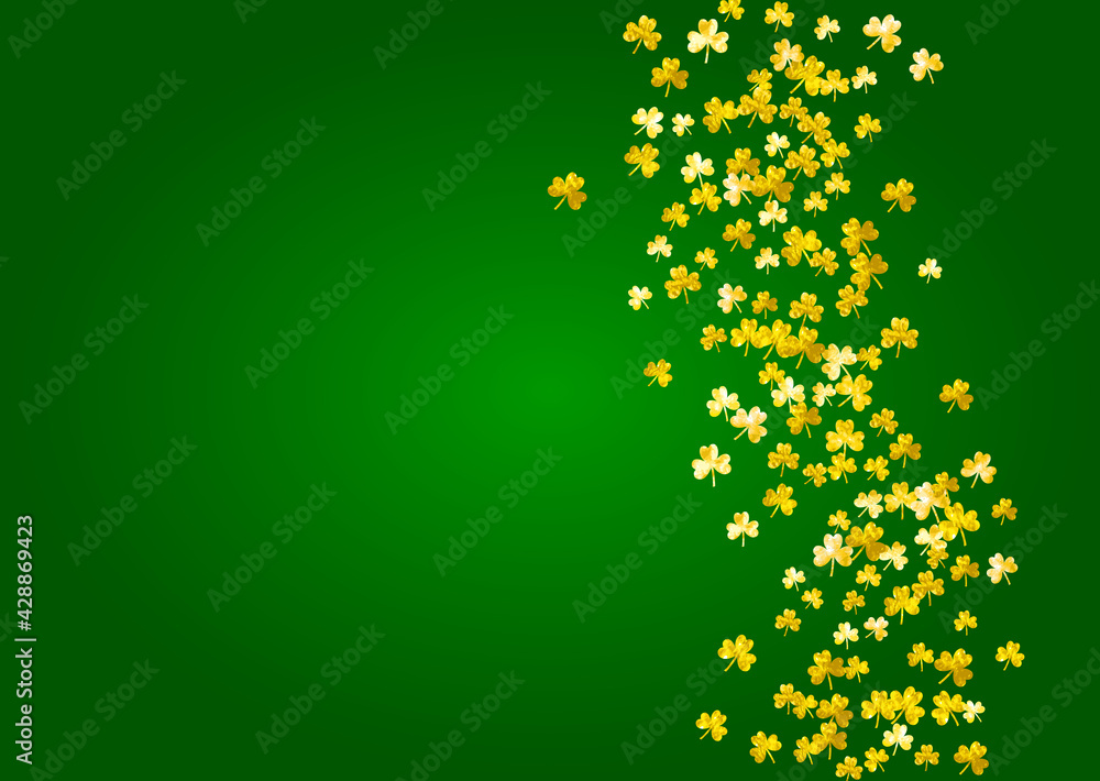 St patricks day background with shamrock. Lucky trefoil confetti. Glitter frame of clover leaves. Template for party invite, retail offer and ad. Dublin st patricks day backdrop