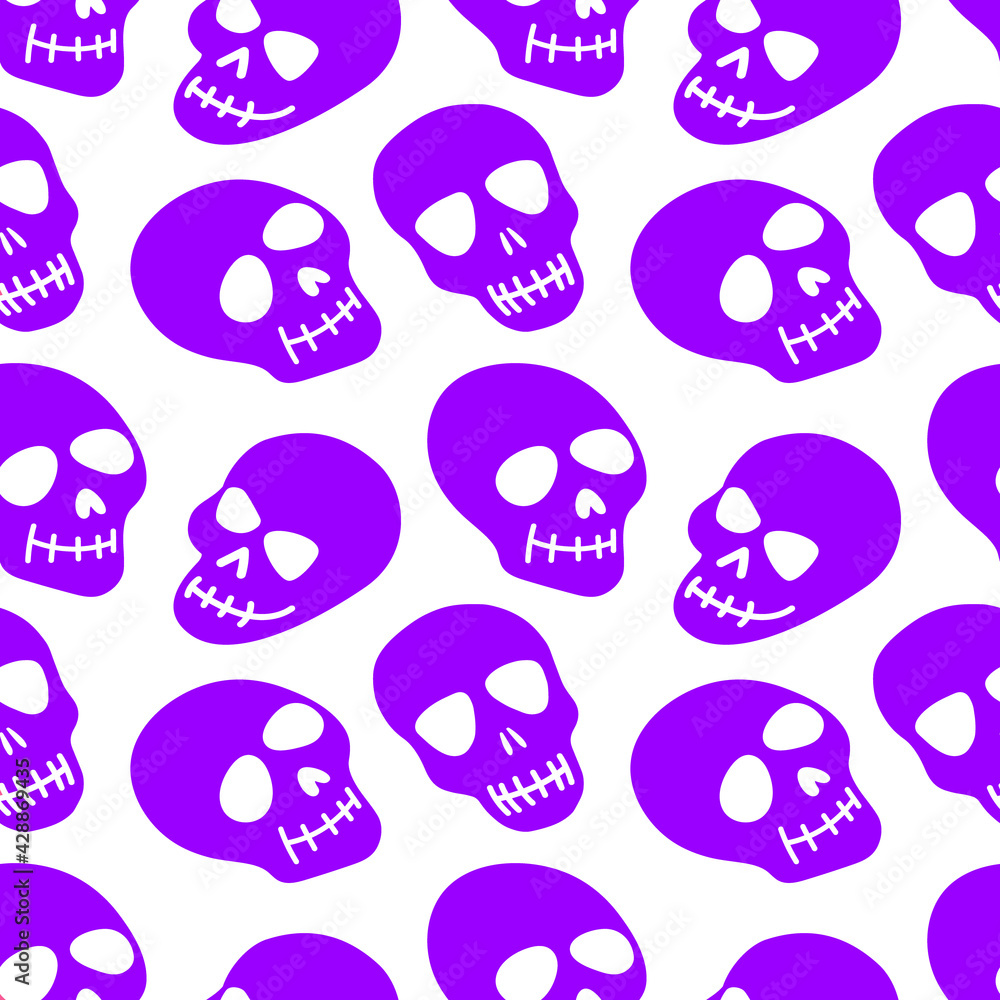 The pattern of the skull. Purple skulls on a white background.Vector illustration. Bright and fashionable design for Halloween, Day of the dead, tattoos, prints, poster