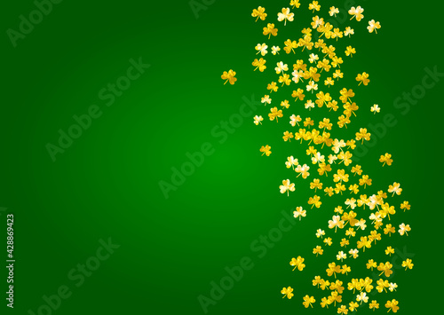 St patricks day background with shamrock. Lucky trefoil confetti. Glitter frame of clover leaves. Template for party invite  retail offer and ad. Dublin st patricks day backdrop