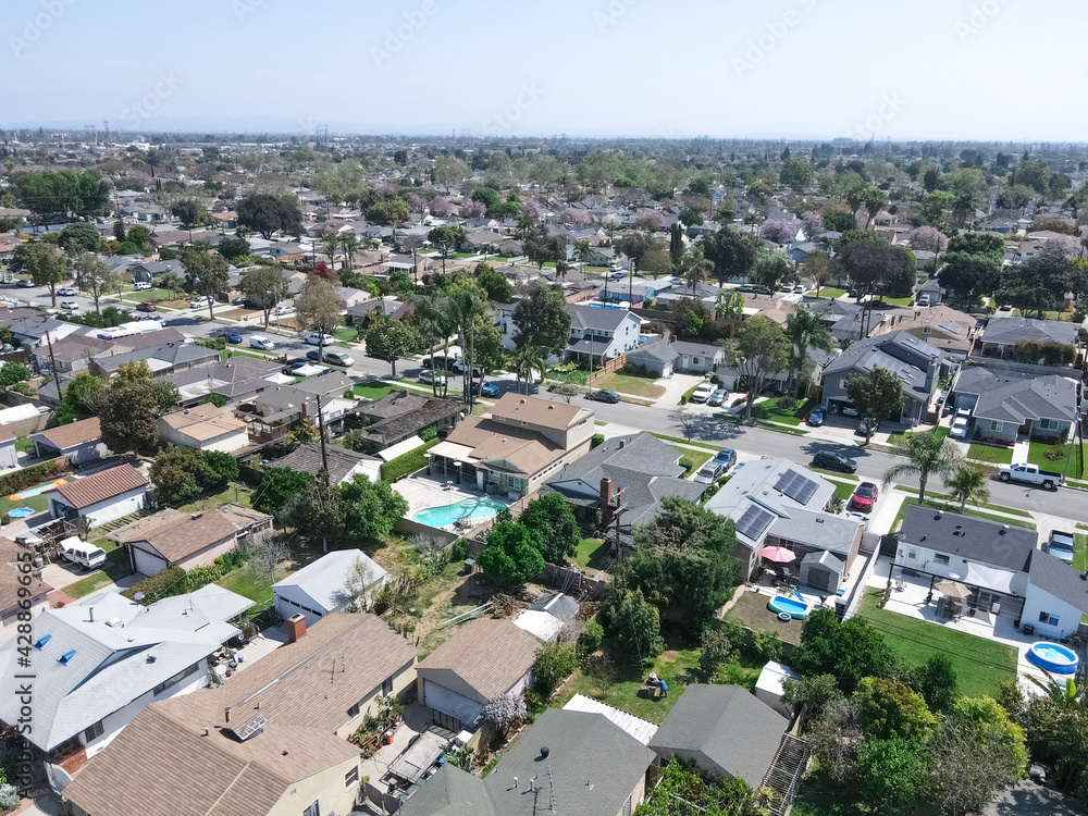Aerial view of Lakewood middle class neighborhood, city in Los Angeles County, California, United States. Aerial view of Lakewood middle class neighborhood, city in Los Angeles County, California, United States.