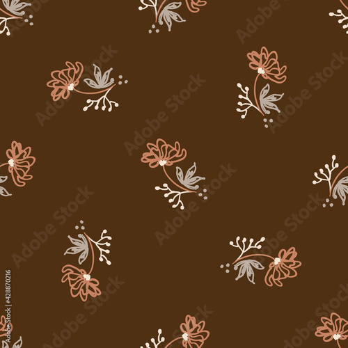 Seamless minimalist doodle flower pattern background. Calm two tone color wallpaper. Simple modern scandi unisex baby design. Organic childish gender neutral baby all over print. Hand drawn floral.