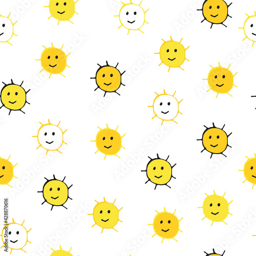 Seamless pattern of yellow and orange smiling happy suns. Hand-drawn doodle pattern on white background