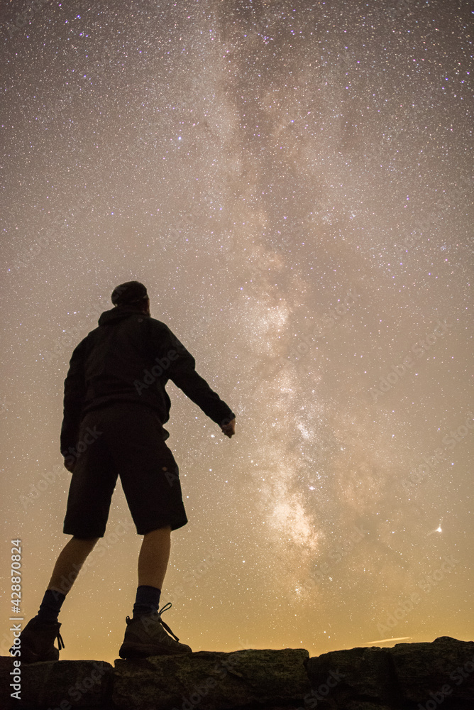 a silhouette man looking up at the Milky Way Galaxy