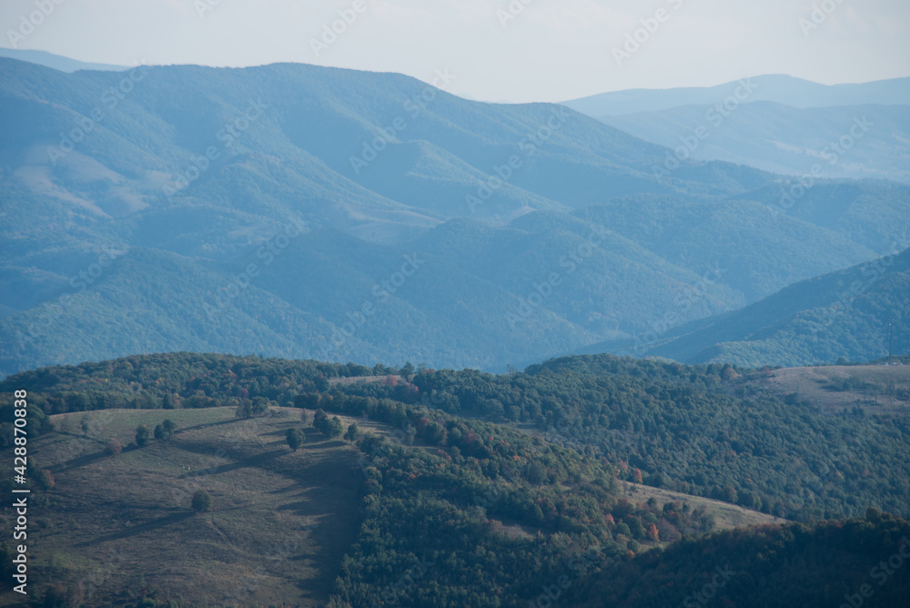 A hazy mountain landscape in the Appalachian mountains