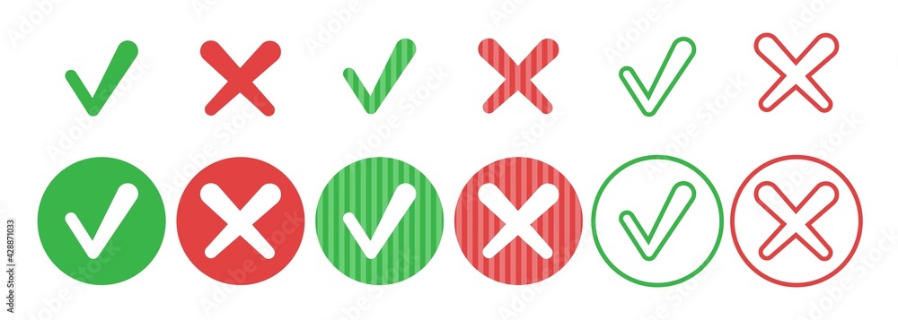 Set of circle simple web buttons: green check mark and red cross with rounded corners. Vector illustration isolated on white background. Set of circle simple web buttons: green check mark and red cross with rounded corners. Vector illustration isolated on white background.