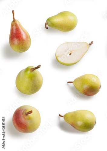 Pears Close-Up, Whole, Arranged, Spaced, Distanced  – Bunch of Green Italian Cultivar "Pera Coscia" (Pyrus Communis) with Red Shade (Cold) – Macro Detail, Shadows – Isolated on White Background