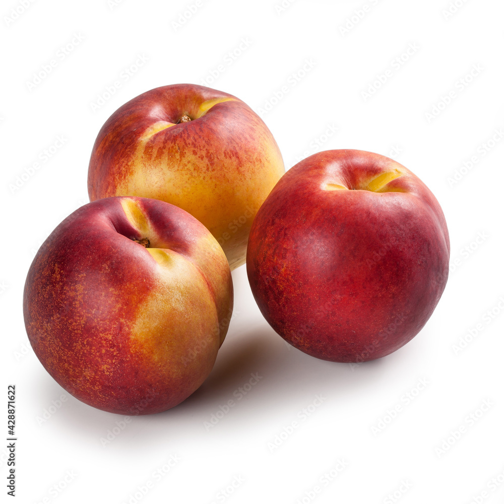 Nectarines in Group of Three – Bunch of Glossy-Skinned, Smooth Peach Variety, Red and Yellow – Detailed Close-Up Macro, Top View, from Above – Isolated on White Background Nectarines in Group of Three – Bunch of Glossy-Skinned, Smooth Peach Variety, Red and Yellow – Detailed Close-Up Macro, Top View, from Above – Isolated on White Background