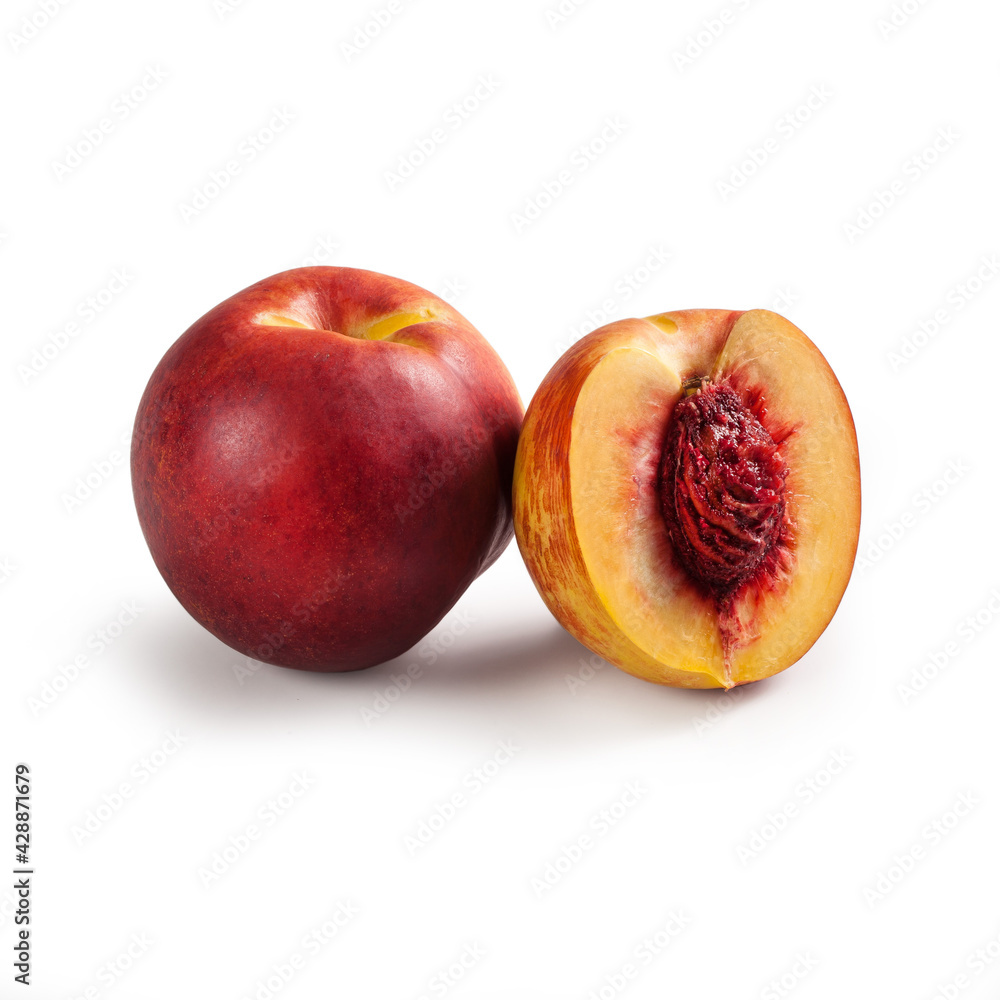 Nectarines, Pair – Two Glossy-Skinned, Smooth, Cut Open, Halved Peach Variety, Red and Yellow – Detailed Close-Up Macro on Red Stone – Isolated on White Background Nectarines, Pair – Two Glossy-Skinned, Smooth, Cut Open, Halved Peach Variety, Red and Yellow – Detailed Close-Up Macro on Red Stone – Isolated on White Background