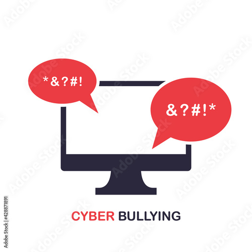 Cyber Bullying Icon. Cyberbullying Victim. Abuse, Internet Online Hate, Swear and Insult concept. Icon of Cyberbullying Online Chat on computer. Vector illustration
