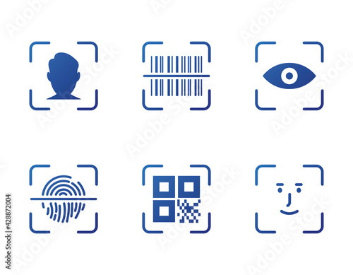 Fingerprint, Face ID, Barcode, Eye and QR Code Scanner. Identity Biometric Verification icon. QR Code Scan, Barcode Scan and Face Recognition icon set. Security, ID Scanner icons. Vector illustration
