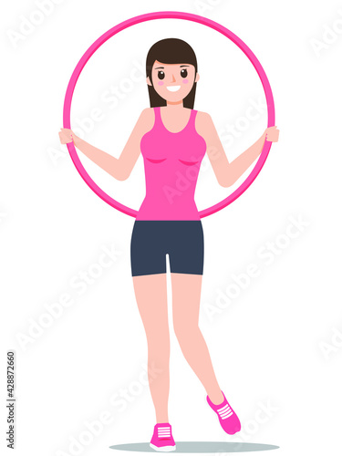 Beautiful woman working out with hula hoop on white background