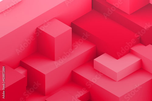 Abstract red color geometric cubic background. isometric 3d render.