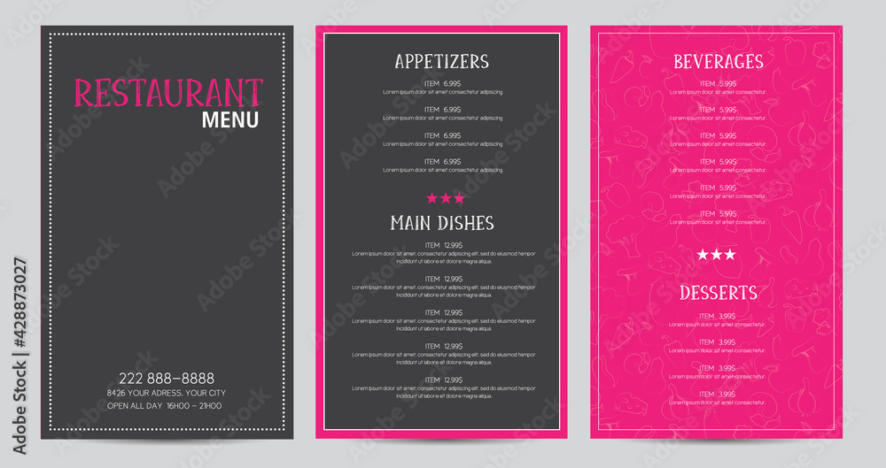 Restaurant menu flyer template design vector pink and dark grey