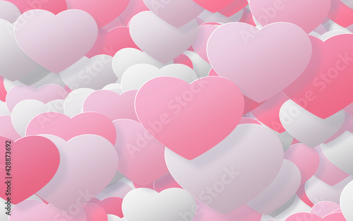 Paper art style with red and pink heart. valentine's day abstract background with hearts.