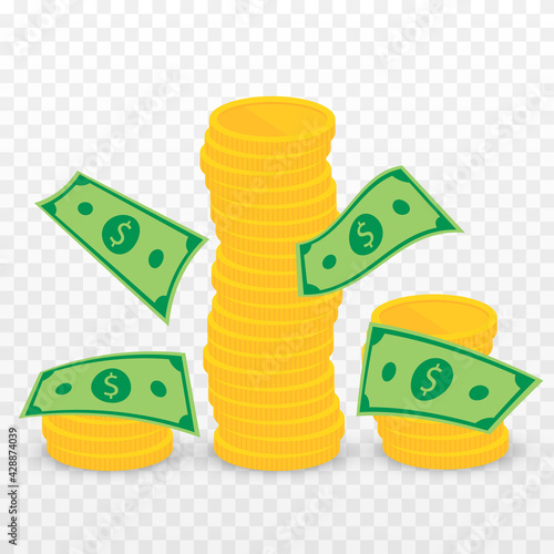 Stack of gold coins. PNG money, png coins. Making money, cheap money. Stack of money on an isolated transparent background.