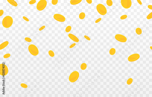 Vector gold coins fall from the sky. PNG money, png coins. Explosion of coins on isolated transparent background. photo