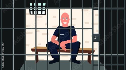 Prisoner in jail behind bars. Prison cell. Vector