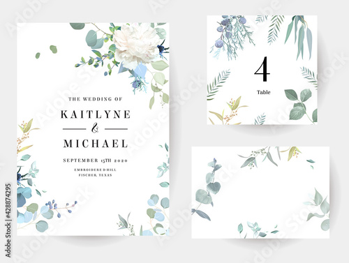 Creamy beige peony, dusty blue thistles, eucalyptus, greenery, juniper, brunia vector design frames