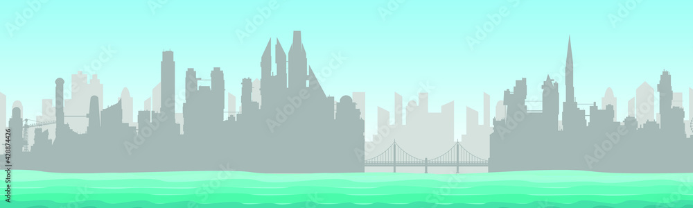 Silhouette of the city with a moto around the water