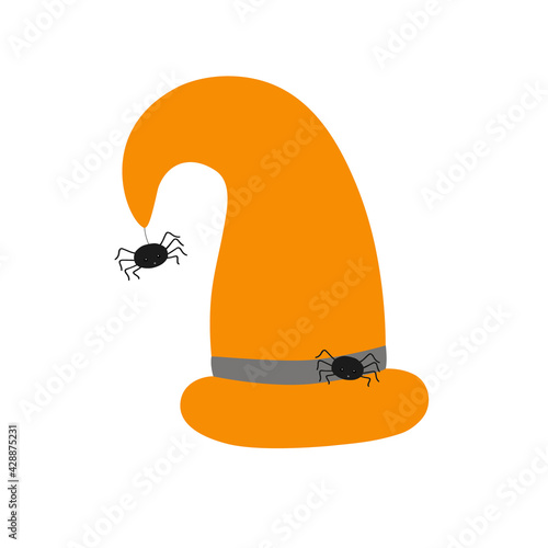 Witch hat orange with spider cute fancy magic accessory vector flat style simple illustration, isolated object clipart useful for halloween party decoration, hand drawn image, cartoon spooky character