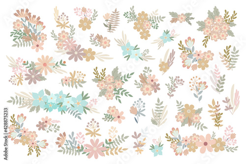Simple flowers pastel-colored floral arrangement in flat style vector illustration, symbol of spring, cozy home, Easter holidays celebration decor, clipart for cards, bohemian springtime decoration