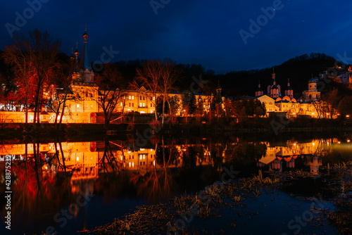 View of the Svyatogorsk Lavra and the Orthodox Monastery across the Seversky Donets River at night