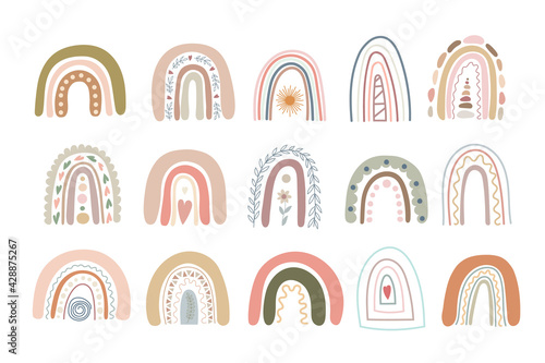 Boho rainbows set abstract shapes, simple hand drawn silhouette vector illustration in trendy pastel colors, minimalist concept perfect for making cards, banners, modern posters, textile, papercraft