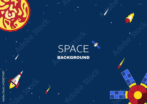Space background with copy space for text. Astronomy Template Design with planets  falling stars and satellites. Cartoon vector illustration. Horizontal Astronomy banner.