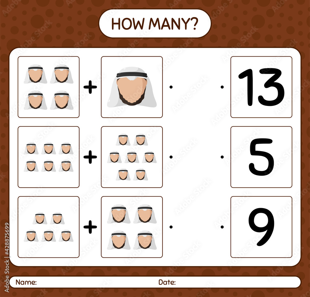 How many counting game with Arabian. worksheet for preschool kids, kids activity sheet, printable worksheet How many counting game with Arabian. worksheet for preschool kids, kids activity sheet, printable worksheet