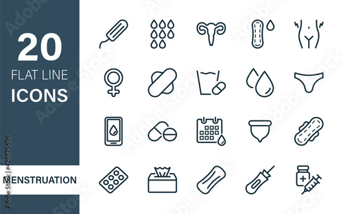 Woman Menstruation Cycle Icons Collection. Sanitary Pad and Periods of Menstruation line flat Icons Set. Periods Pad, Menstrual Cup, Tampons, Blood Drops, Vagina. Editable stroke. Vector illustration